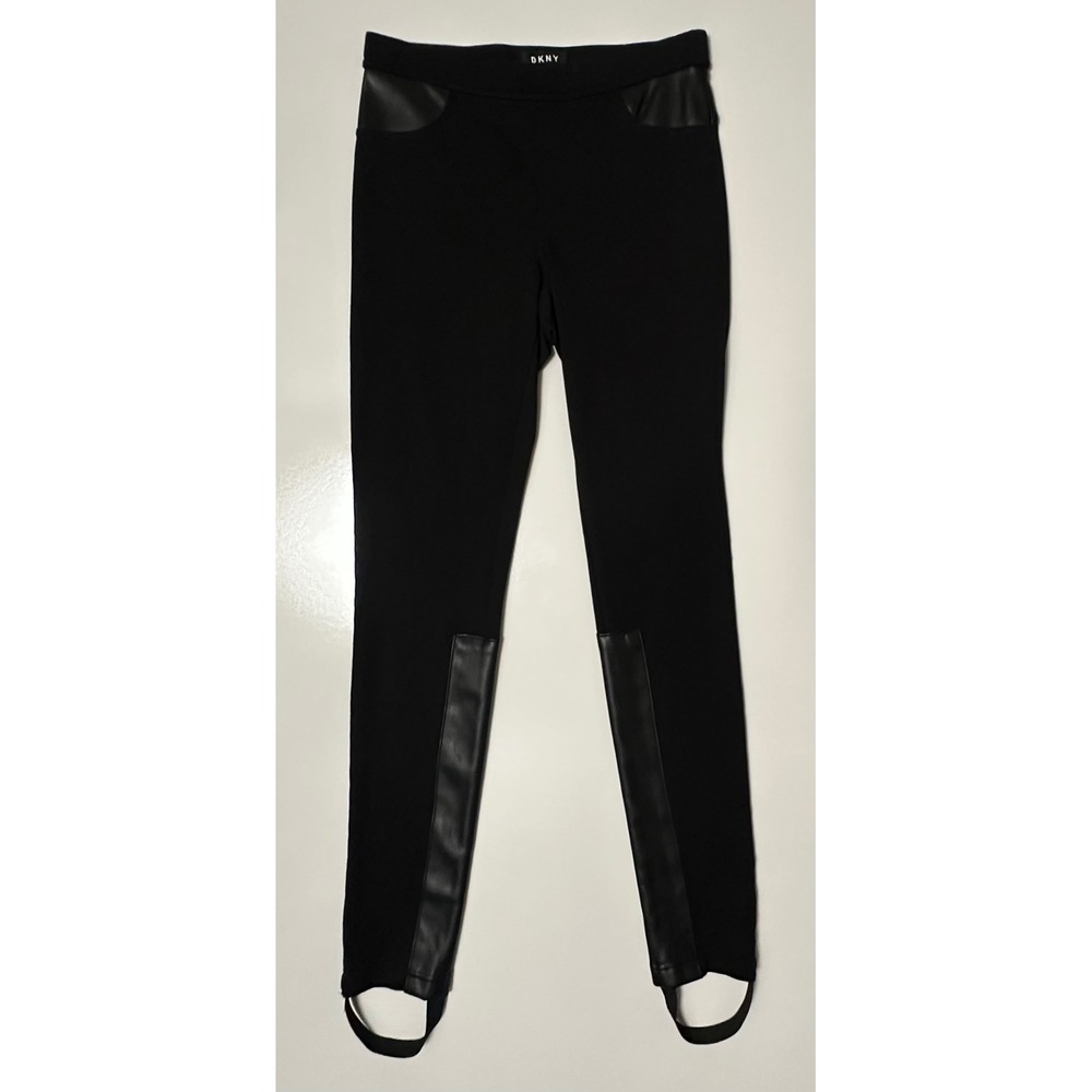 DKNY Faux Leather Trim Stirrup Leggings Ponte Knit Pants Black Women's Size XS